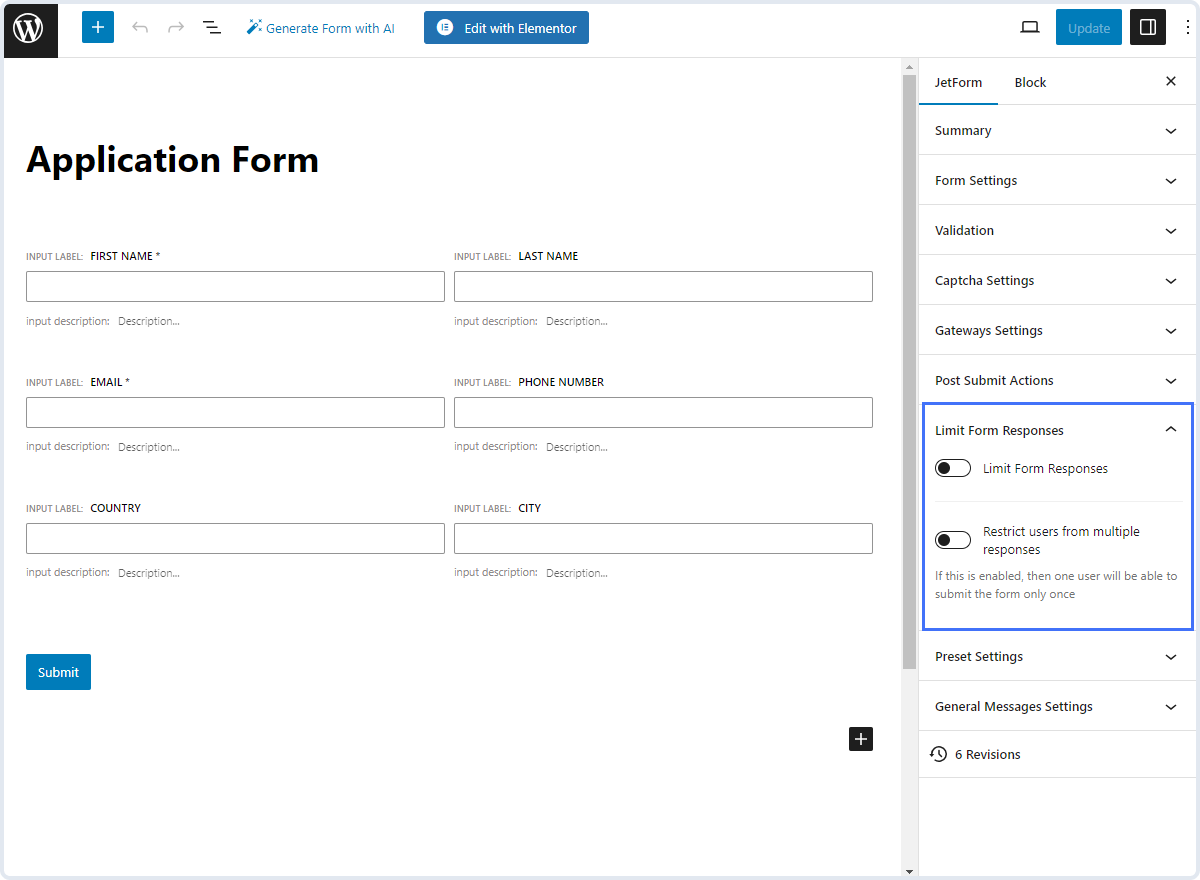 limit form responses section in the jetform tab