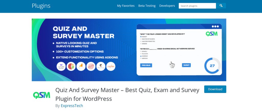 quiz and survey master wordpress.org page