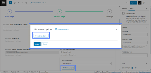 edit manual options popup of the checkbox field settings