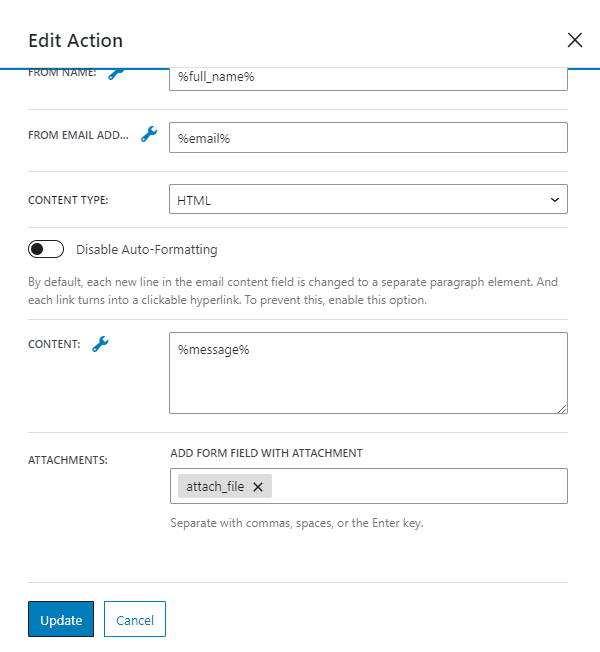 email content and attachments settings in the form