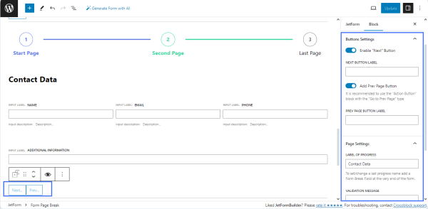 form page break settings