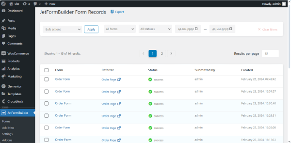 jetformbuilder form records tab