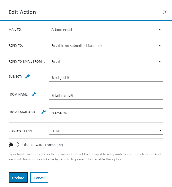 send email action settings
