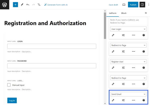 add the send email action to the registration form