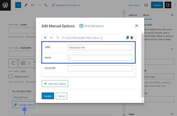 adding a remember me checkbox option in the checkbox field of jetformbuilder