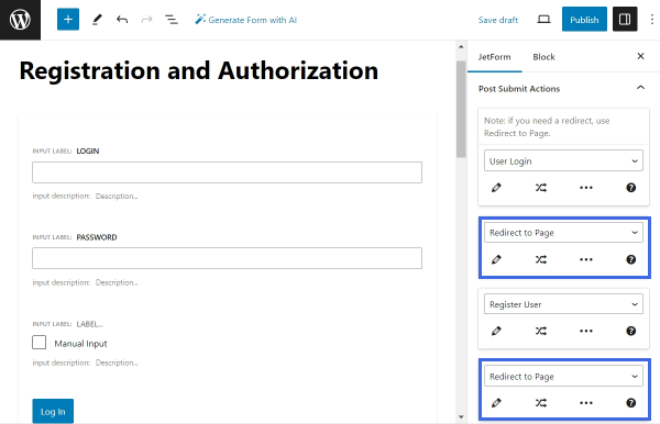 adding redirect to page actions to a jetformbuilder form