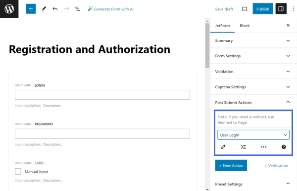 adding user login action to a jetformbuilder form