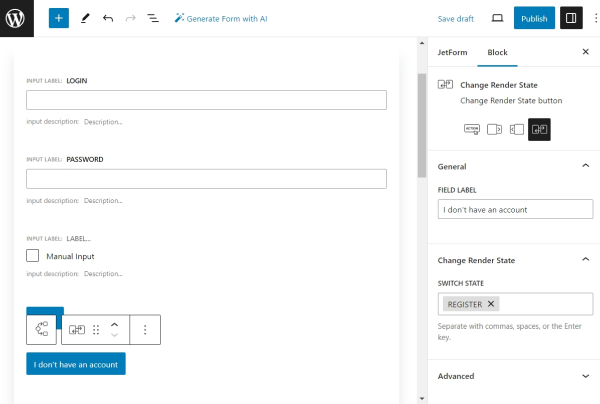 change render state button inside the form for login