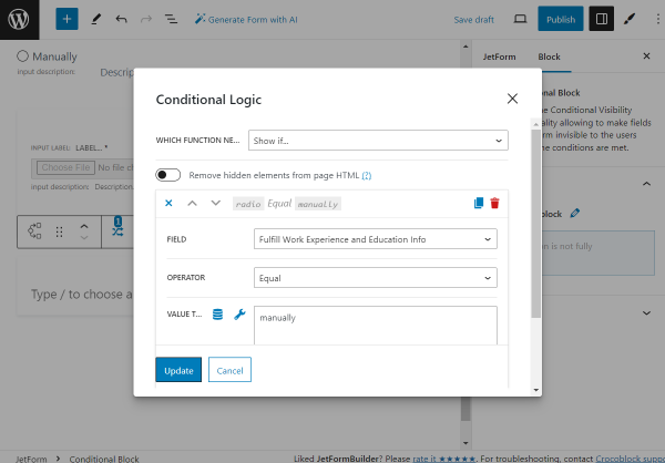 conditions for manually option in the fulfill work experience field