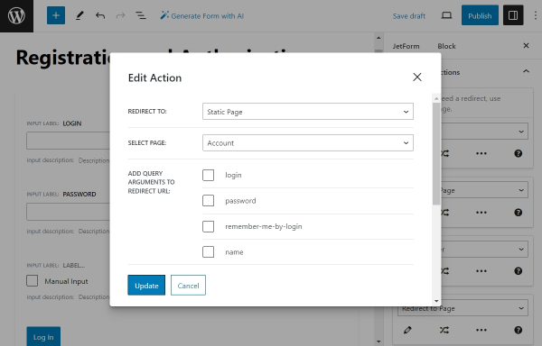 configure the settings of the redirect to page action to redirect the user to the account page