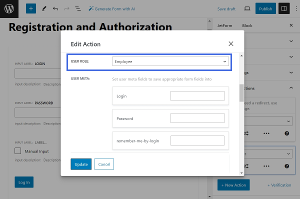 configuring user role and custom fields in the register form action for jetformbuilder