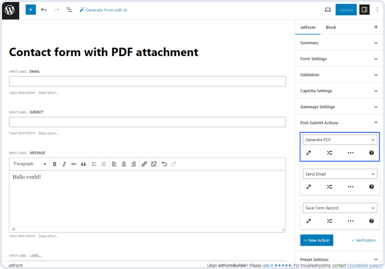 generate pdf post submit action
