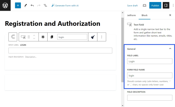 giving the text field a field label and a form field name