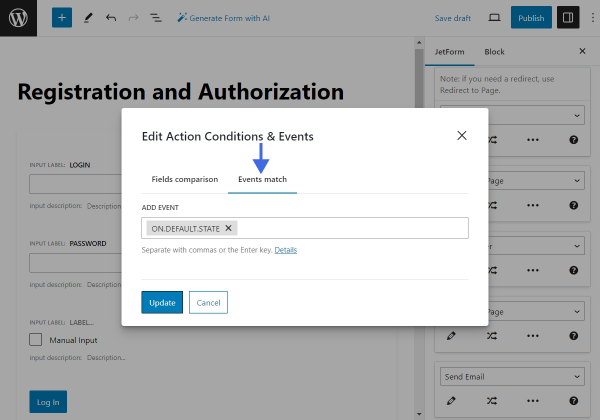 on.default.state event in jetformbuilder action settings