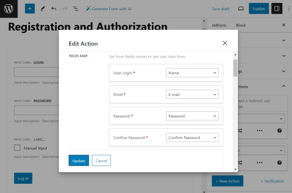 register user action configuration in jetformbuilder