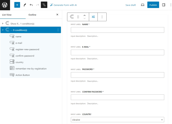 registration form inside a conditional block of jetformbuilder