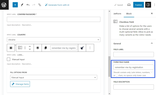 remember me checkbox inside the registration form