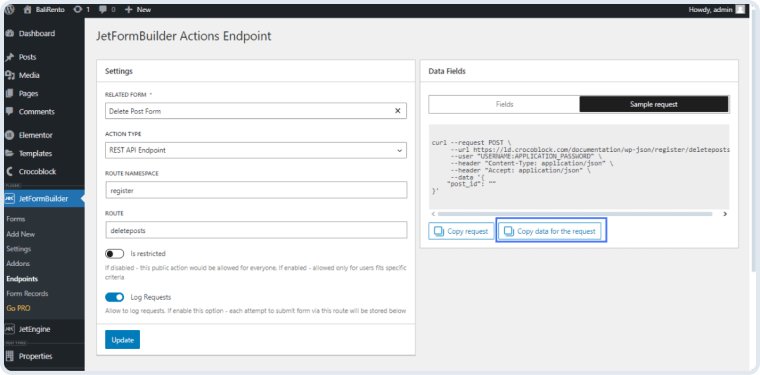 sample request field of the jetformbuilder actions endpoints tab
