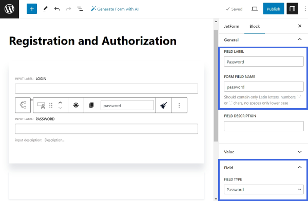 select the password field type in the text field settings