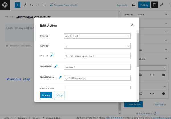send email action settings