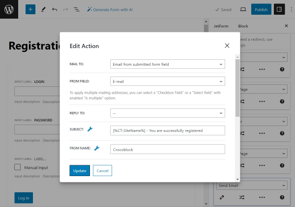 setting up email functionality in a registration form of jetformbuilder