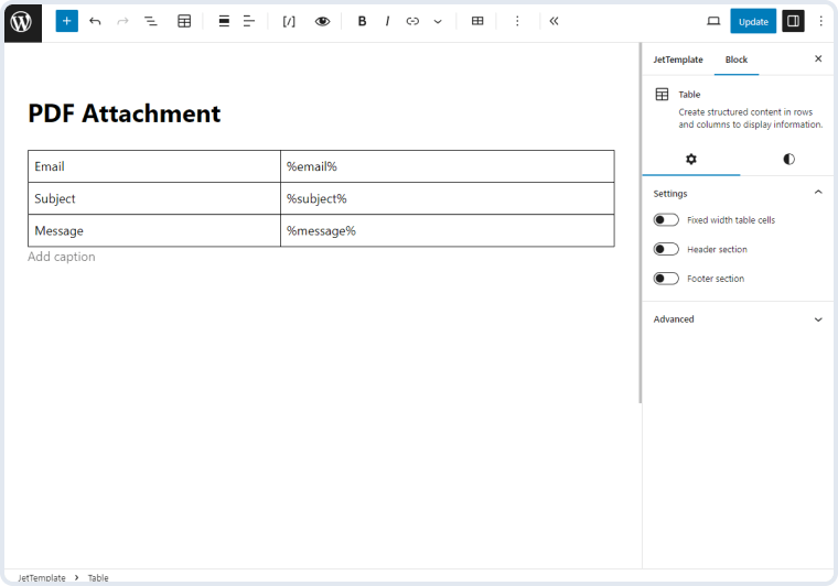table block in the template for pdf attachment