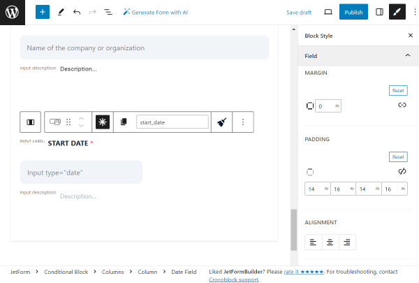 the start date field style settings