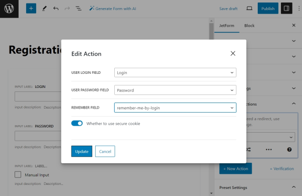 user login action setup