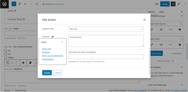 fields of the send email settings popups