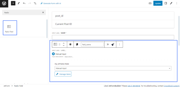 radio field block of jetformbuilder forms