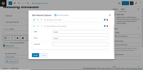 radio field block options popup