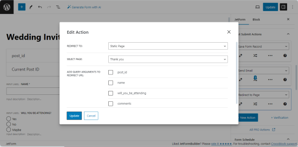 selecting the page for redirection