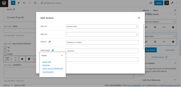 send email settings of the post submit actions