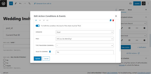 setting post submit action execution conditions