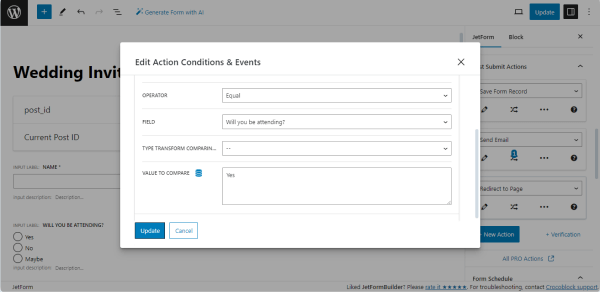 setting redirect to page post submit action conditions