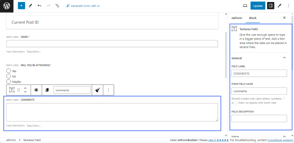 textarea field block of the jetformbuilder