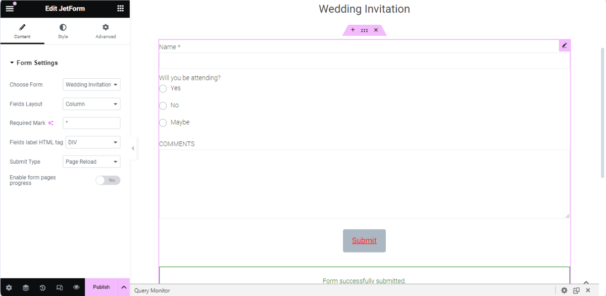 the rsvp form added to a page in elementor