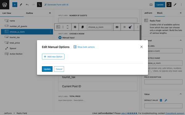 radio field adding manual options