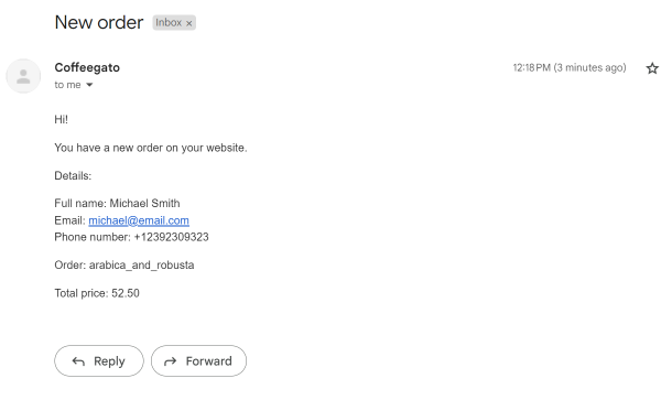 email with order details