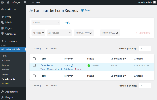 jetformbuilder form records directory