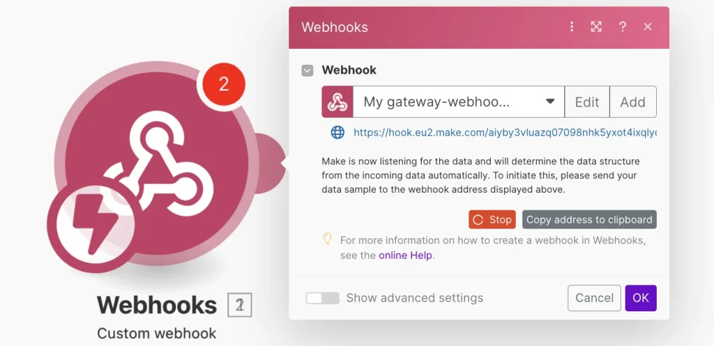 make’s webhook link copied
