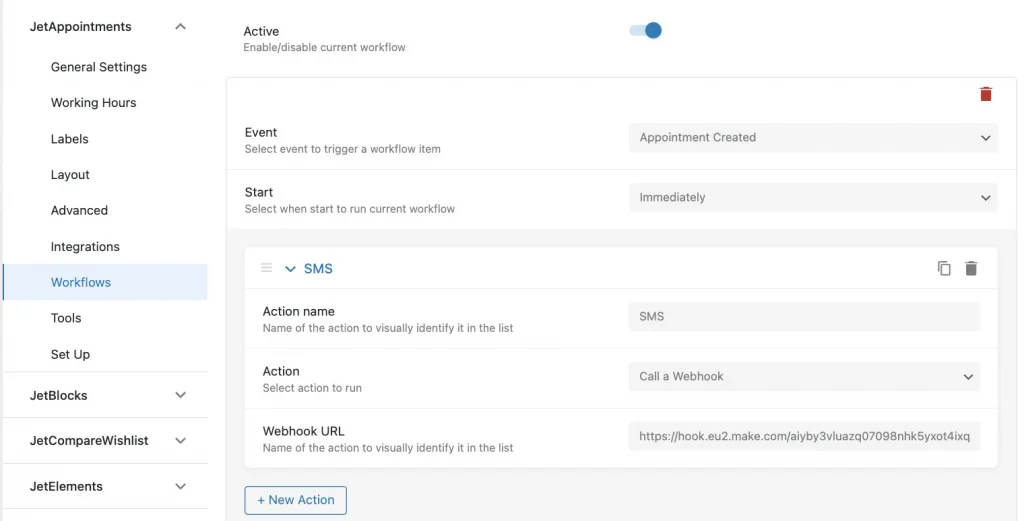 webhook address to jetappointment workflow