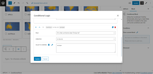 adding conditional rules for the advanced choice field with the multiple choice