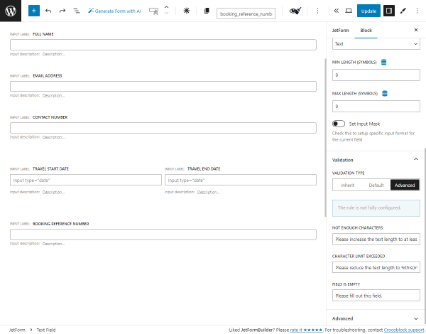 booking reference number form field with advanced validation