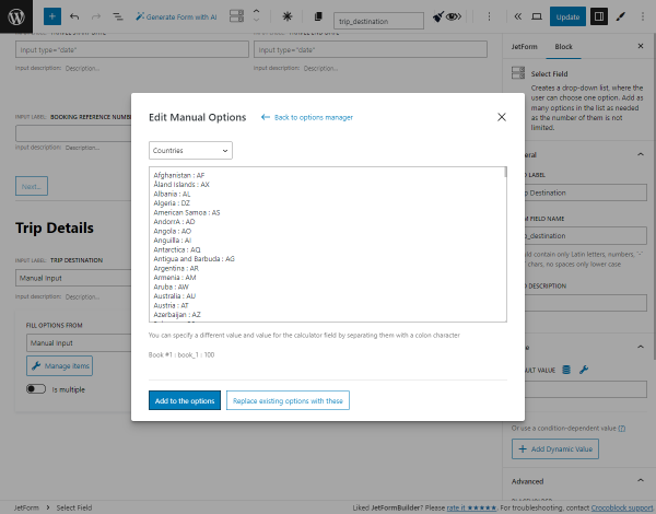 bulk adding country options