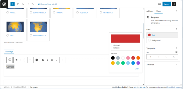 color settings of the paragraph block