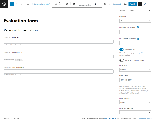 contact number form field with input mask