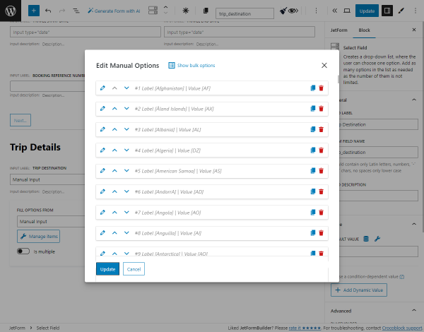 countries list is added as the select field options