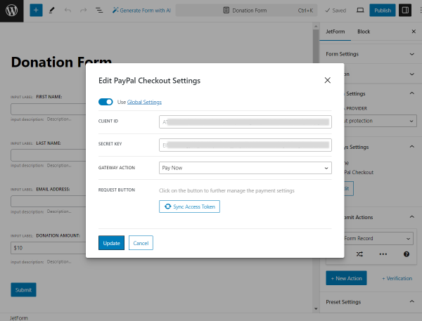 edit paypal checkout settings pop-up