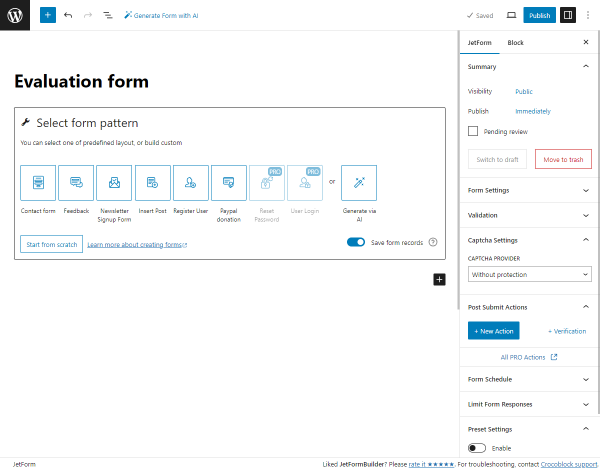 evaluation form with the welcome block